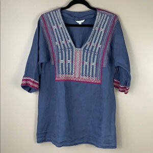 CAbi Blue Tunic with Red and White Embroidery